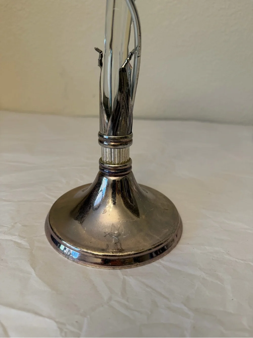 Vintage Clear Glass lily in bloom Vase with patina Silver-Tone Base patina